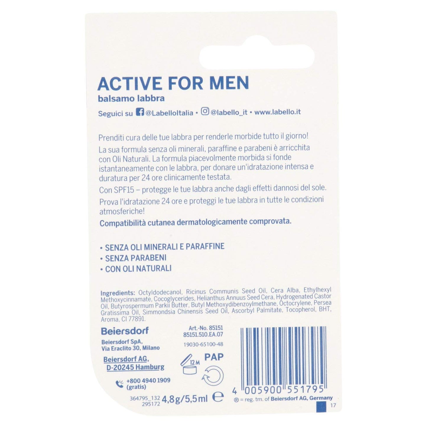 Labello Active For Men Formula senza Oli Minerali e Parabeni, 24H di Idratazione, SPF 15 - 18 g