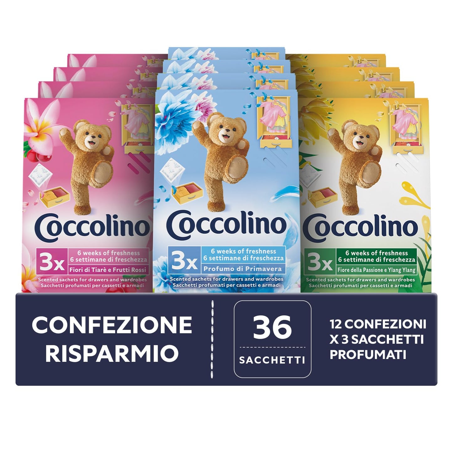 Coccolino Profuma Biancheria, 3 Sacchetti per Ogni Confezione di Fragranze Assortite, Profumo Primavera, Fiori di Tiarè & Frutti Rossi, Ylang Ylang, Confezione da 12 per un Totale di 36 Sacchettini