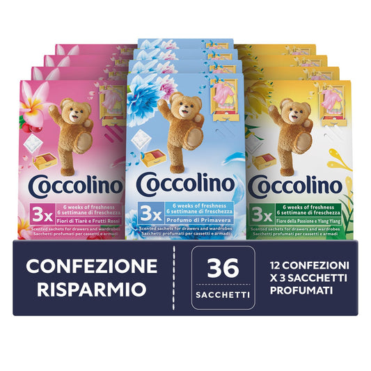 Coccolino Profuma Biancheria, 3 Sacchetti per Ogni Confezione di Fragranze Assortite, Profumo Primavera, Fiori di Tiarè & Frutti Rossi, Ylang Ylang, Confezione da 12 per un Totale di 36 Sacchettini