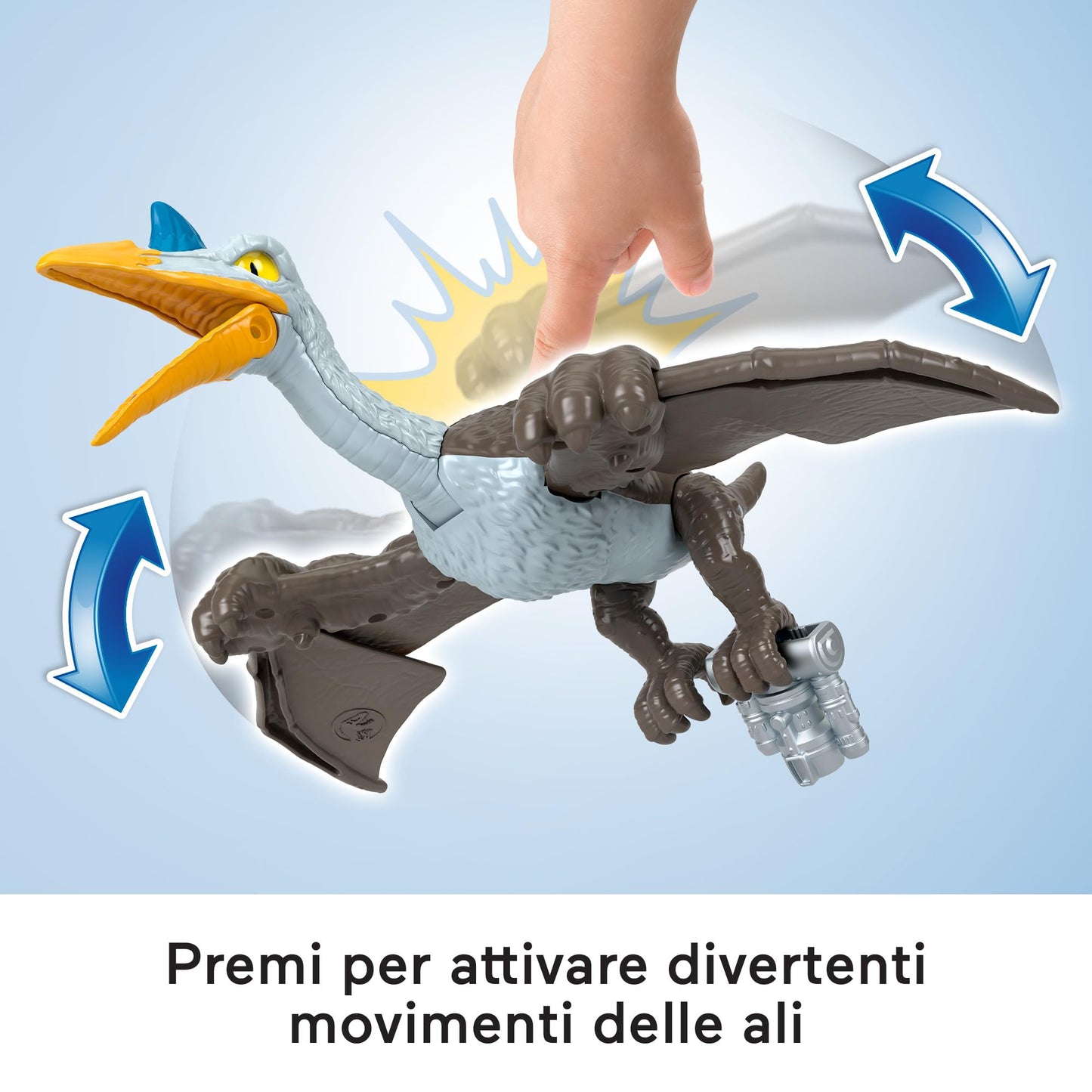 Imaginext Jurassic World Dominion - Quetzal Agguato in volo, dinosauro da 18 cm con ali mobili e accessorio imbracatura, triceratopo preda incluso, giocattolo per bambini, 3+ anni, HML44