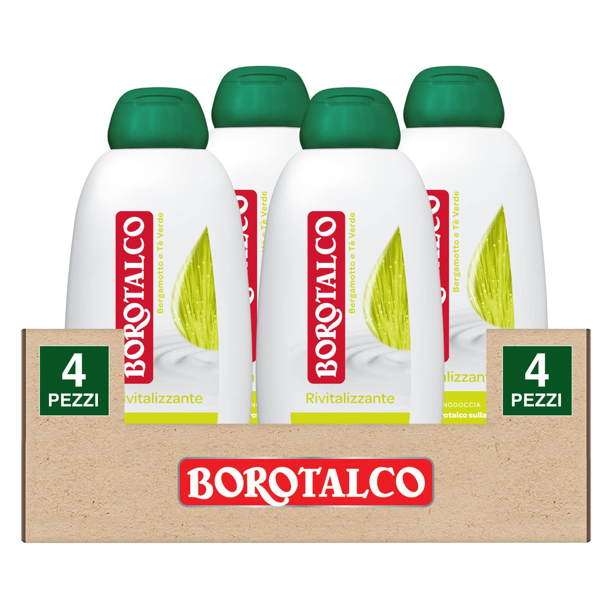4x Borotalco Bagnodoccia Rivitalizzante Bergamotto e Tè Verde Effetto Borotalco sulla Pelle - 4 Flaconi da 600ml