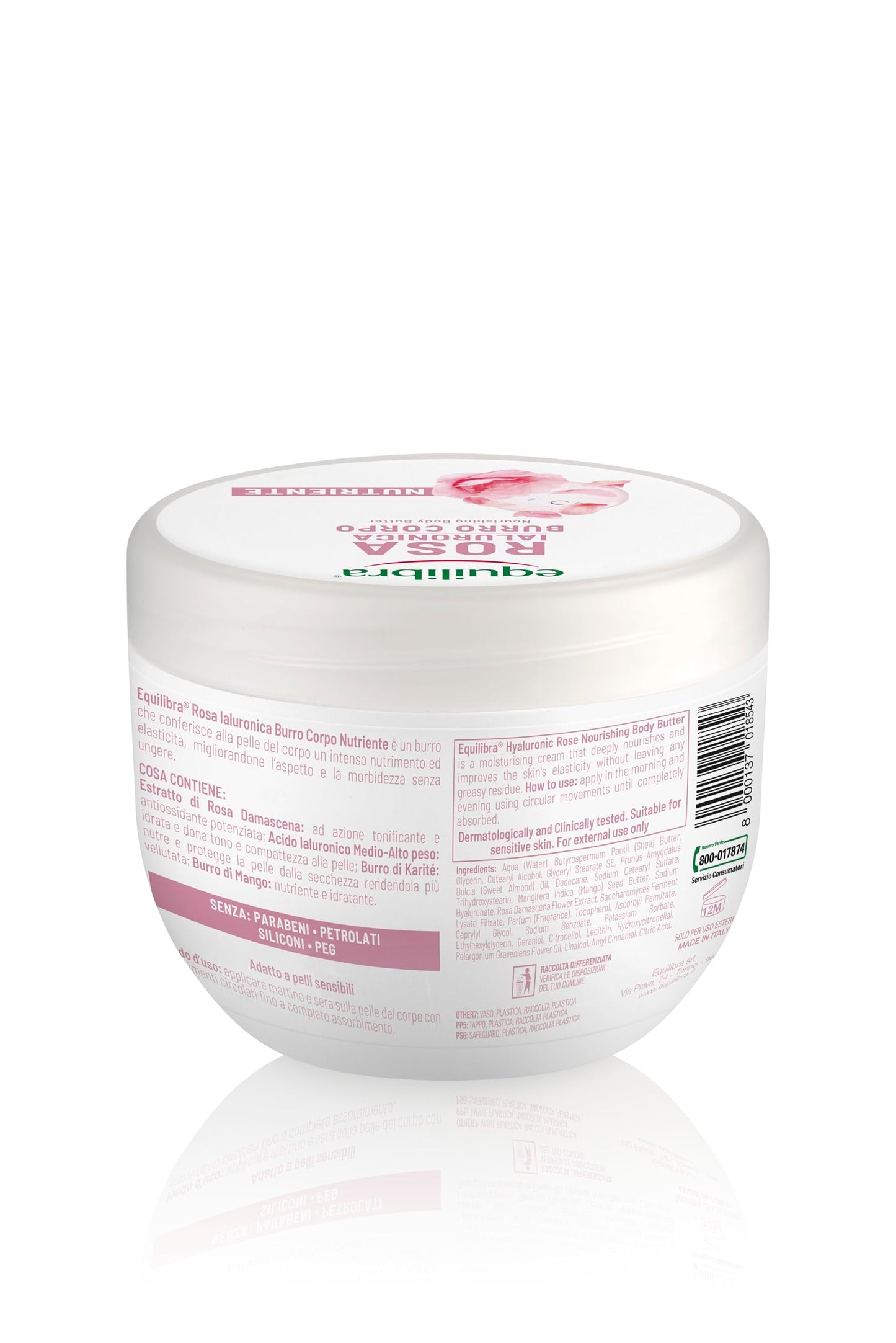 Equilibra, Burro Corpo, Azione Nutriente, 300ml, con Burro di Karité, Estratto di Rosa Damascena, Acido Ialuronico a Medio-Alto Peso, e Burro di Mango, Adatto a Pelli Sensibili