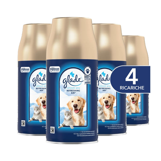 Glade Automatic Spray Ricarica, Profumatore per Ambienti, Fragranza Refreshing Air, Combatte gli odori degli animali domestici, 4 Ricariche da 269 ml
