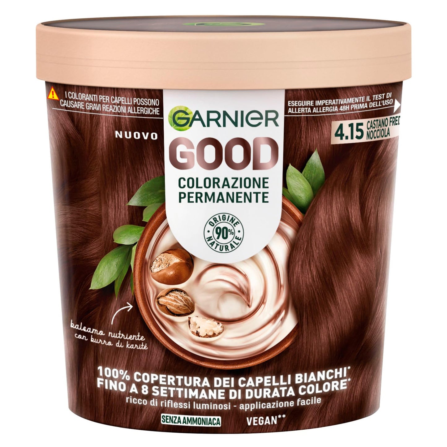 Garnier Good Tinta Colorazione Permanente Fino a 8 Settimane Colore Brillante e Luminoso Copre il 100% dei Capelli Bianchi Formula Vegana Senza Ammoniaca 4.15 Castano Freddo Nocciola