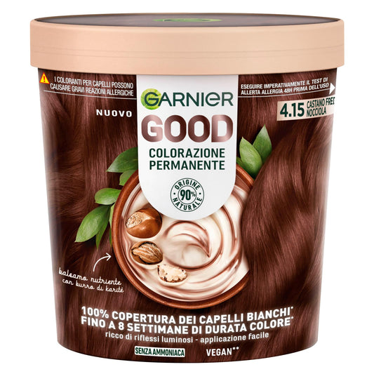Garnier Good Tinta Colorazione Permanente Fino a 8 Settimane Colore Brillante e Luminoso Copre il 100% dei Capelli Bianchi Formula Vegana Senza Ammoniaca 4.15 Castano Freddo Nocciola