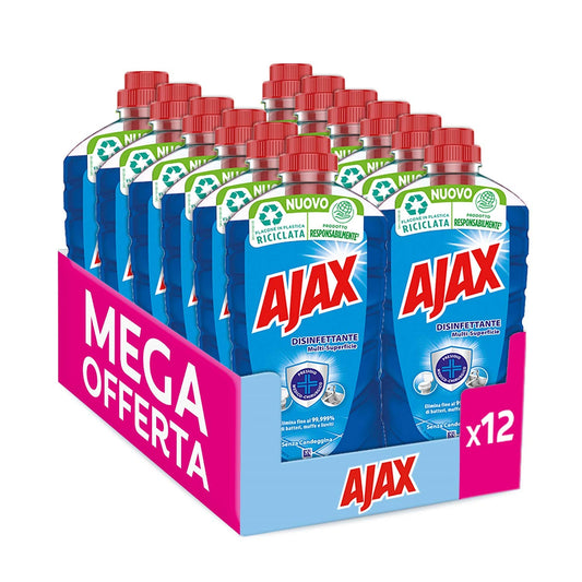 Ajax Detersivo Pavimenti Disinfettante Multi-Superficie, Confezione da 12 x 950ml I Senza candeggina I Elimina facilmente il grasso | azione disinfettante e pulizia profonda