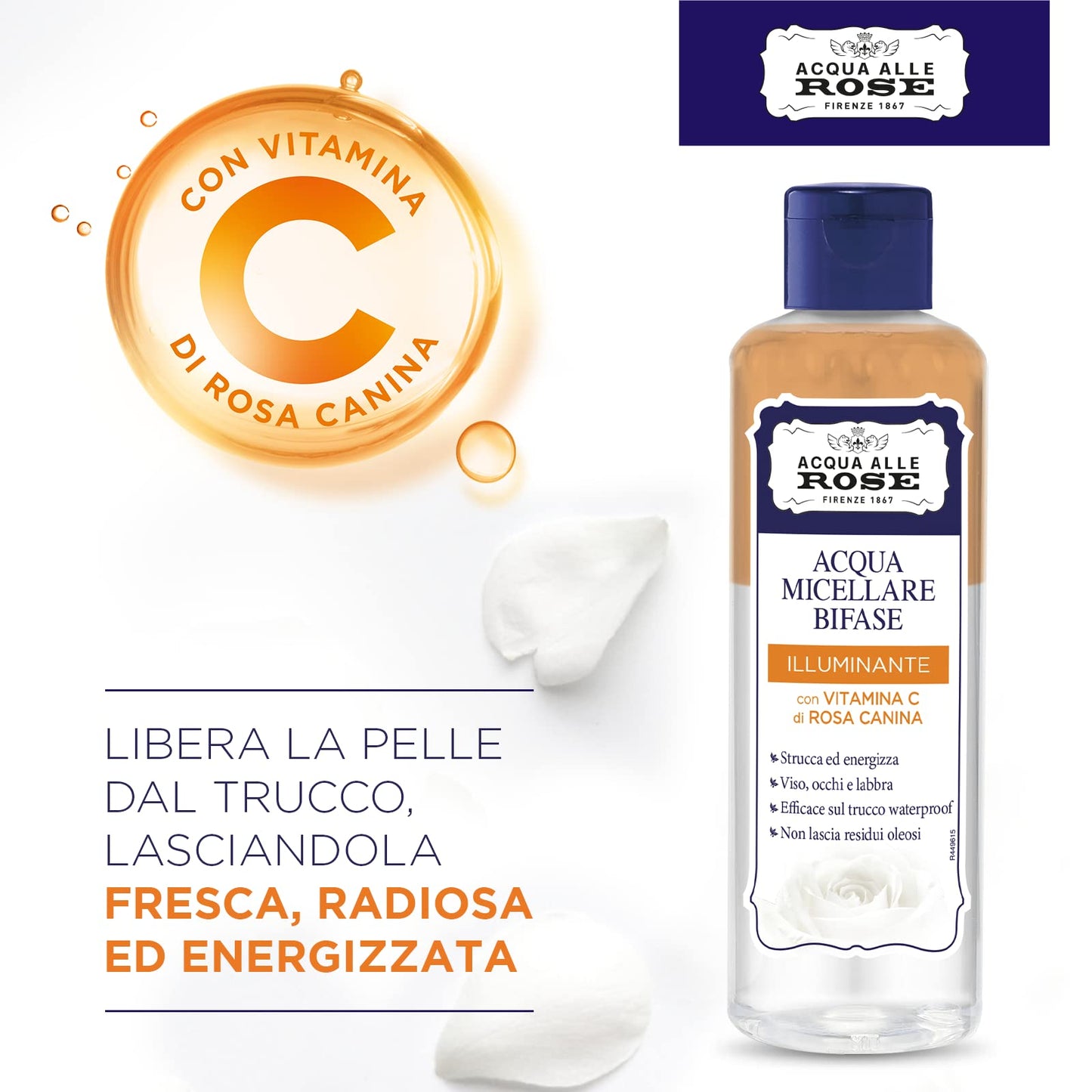 Acqua alle Rose, Acqua Micellare Bifase Illuminante, con Oli e Vitamina C di Rosa Canina, Struccante Bifasico, Rimuove il Trucco Waterproof, Uso Quotidiano, Dermatologicamente Testato - 200 ml