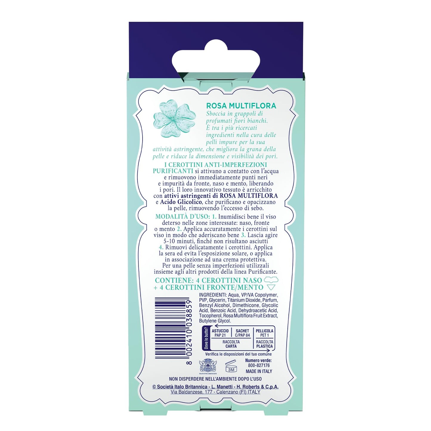 Acqua alle Rose, Cerottini Anti-Imperfezioni Purificanti con Attivi Astringenti di Rosa Multiflora e Acido Glicolico, Anti Punti Neri, Opacizzano e Purificano, Zona T - 4pz Naso, 4pz Fronte e Mento