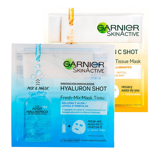 2 Maschere Viso Garnier SkinActive in Tessuto Hyaluron Shot idratante rimpolpante e Vitamin C Shot illuminante energizzante con Vitamina C - 2 Confezioni da 1 Trattamento