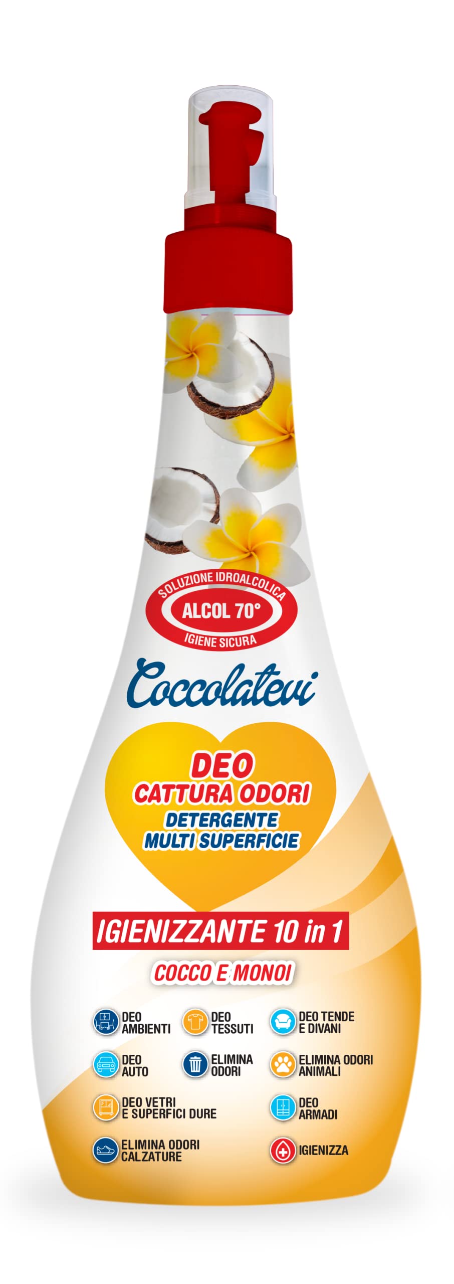 COCCOLATEVI Deo 10 in 1 Cocco e Monoi 300 ml Cattura Odori, Detergente Igienizzante Multi Superficie con Alcol 50°, Igienizza, Pulisce, Deodora e Profuma