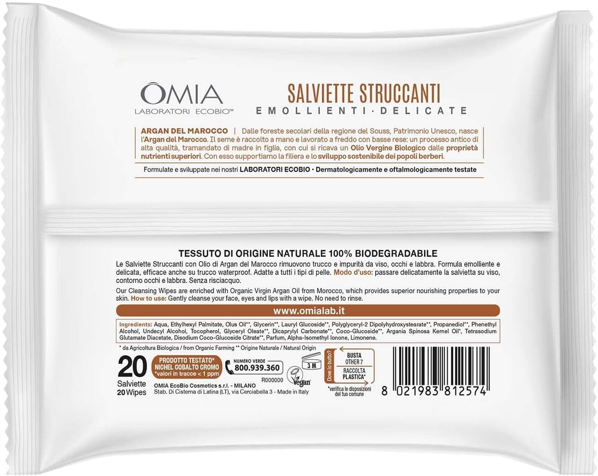 Omia Salviette Struccanti Emollienti Delicate con Argan del amrocco, 1 confezione da 20 salviette