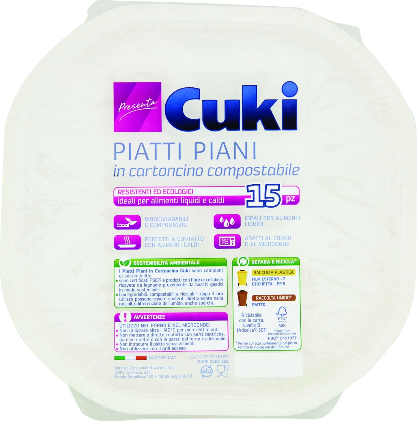 Cuki Biocartonciono Piatti Piani 15 Pezzi, 15pz