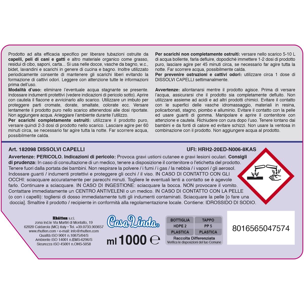 Dissolvi Capelli Casa Linda, Disgorgante Liquido, Scarichi Intasati Sporco Organico, 1L