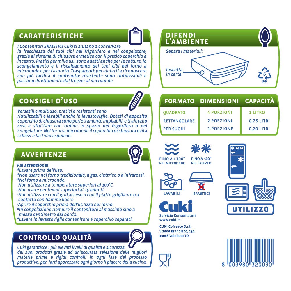 Cuki Contenitori Ermetici quadrati con coperchi - 1 L - 19 x 19 x 6 cm - 1 confezione da 3 pezzi