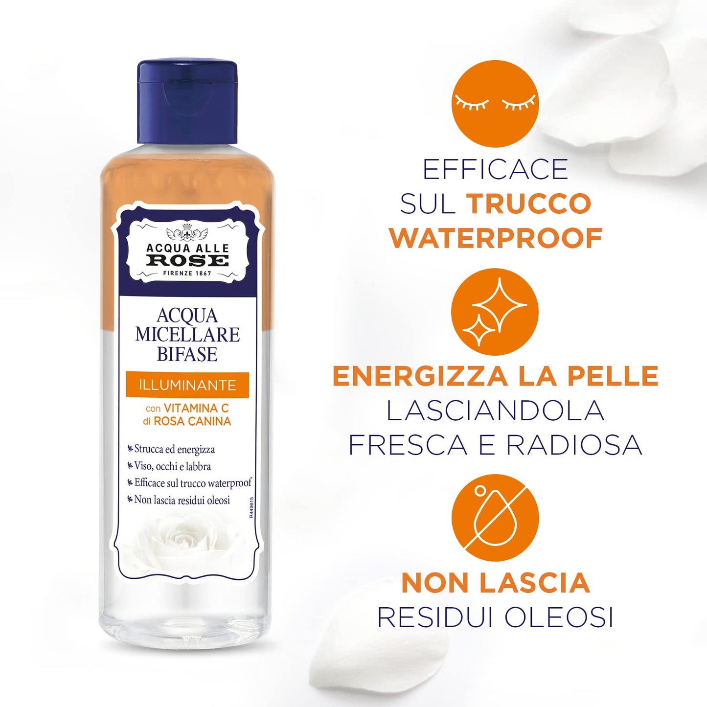 Acqua alle Rose, Acqua Micellare Bifase Illuminante, con Oli e Vitamina C di Rosa Canina, Struccante Bifasico, Rimuove il Trucco Waterproof, Uso Quotidiano, Dermatologicamente Testato - 200 ml