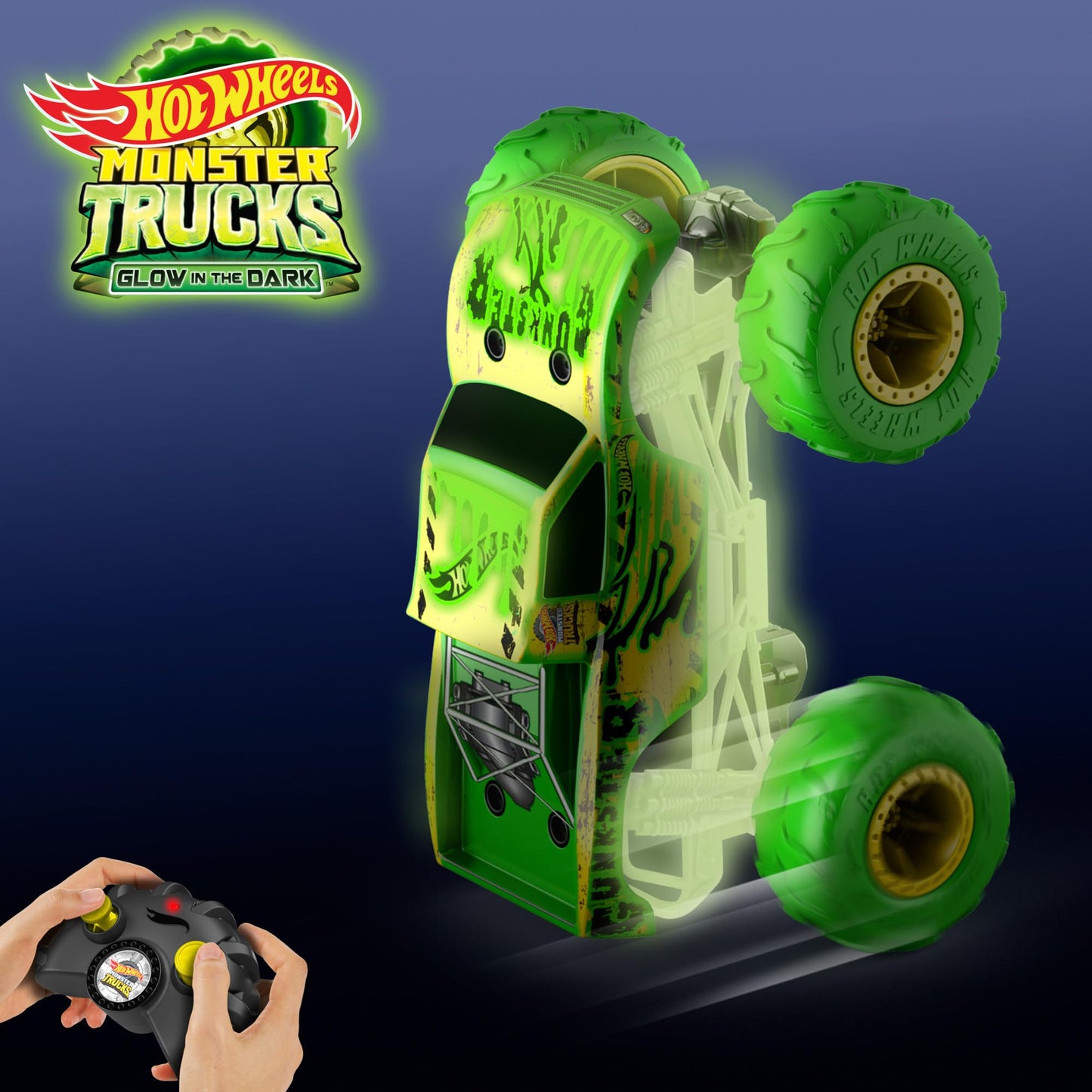 Hot Wheels Camion radiocomandato Gunkster Monster Trucks in scala 1:15, che si illumina al buio, con pneumatici Terrain Action con capacità fuoristrada, HTP15