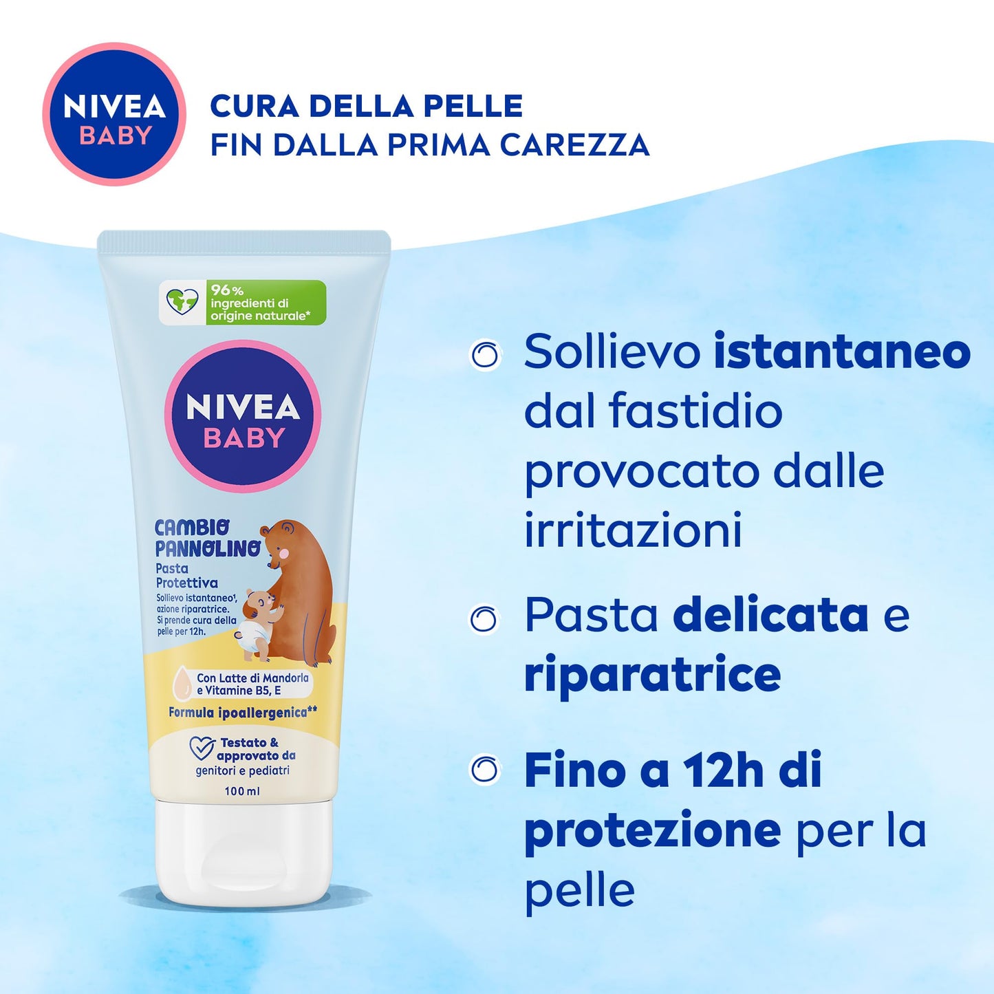 NIVEA BABY Cambio Pannolino Pasta Protettiva 100ml, Crema cambio pannolino lenitiva ed emolliente, Pasta cambio pannolino con Latte di Mandorla e Vitamine, Crema corpo neonato per una protezione 12h