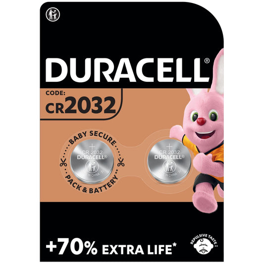 Batterie a moneta al litio da 3 V Duracell CR2032 (confezione da 2) Pila 3V Duracell CR2032 - Fino al 70% di extra durata-Tecnologia Baby Secure-Raccomandate per l’utilizzo con Apple AirTag