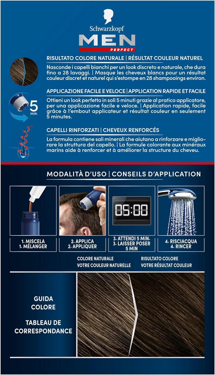Schwarzkopf, Men Perfect, Tinta Colorante in Gel, Copertura dei Capelli Bianchi, Risultato Effetto Naturale, Dura Fino a 28 Shampoo, Tonalità 70 Castano Scuro Naturale, 3 confezioni