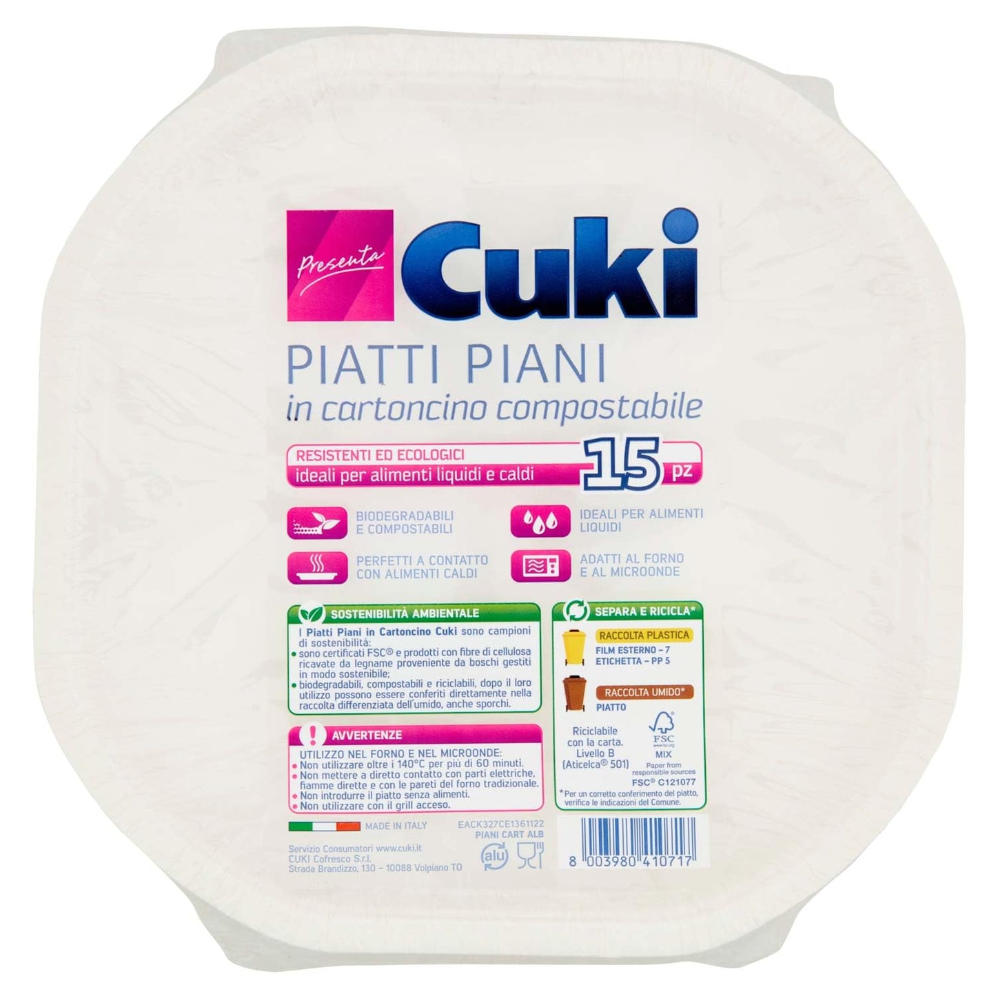 Cuki Biocartonciono Piatti Piani 15 Pezzi, 15pz