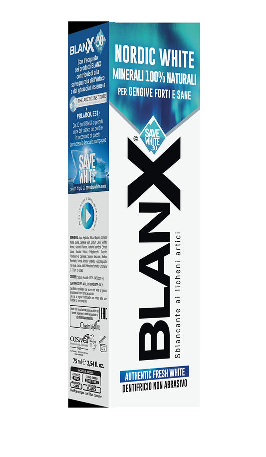 BlanX, Dentifricio Nordic White, Dentifricio Sbiancante Anti-Macchia, con Minearli Nordici 100% Naturali, Azione Lenitiva, Sbiancante e Rigenerante, Freschezza Immediata, Formato 75 ml, 1 Confezione