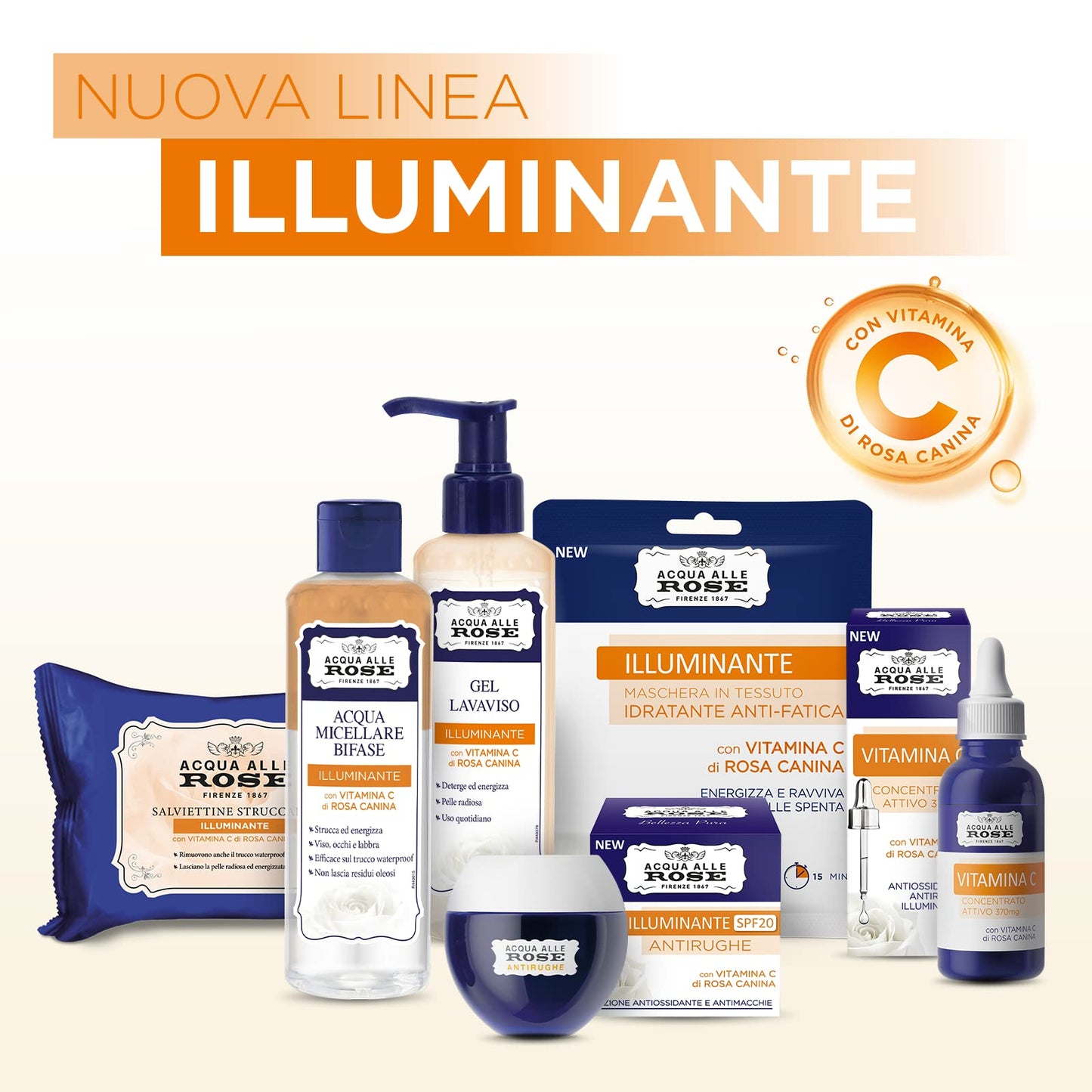 Acqua alle Rose, Crema Viso Illuminante Antirughe con Vitamina C di Rosa Canina e Vitamina C Micellare, Antirughe, Antimacchie, Antiossidante e Illuminante, SPF20, Pelle Elastica e Radiosa - 50 ml