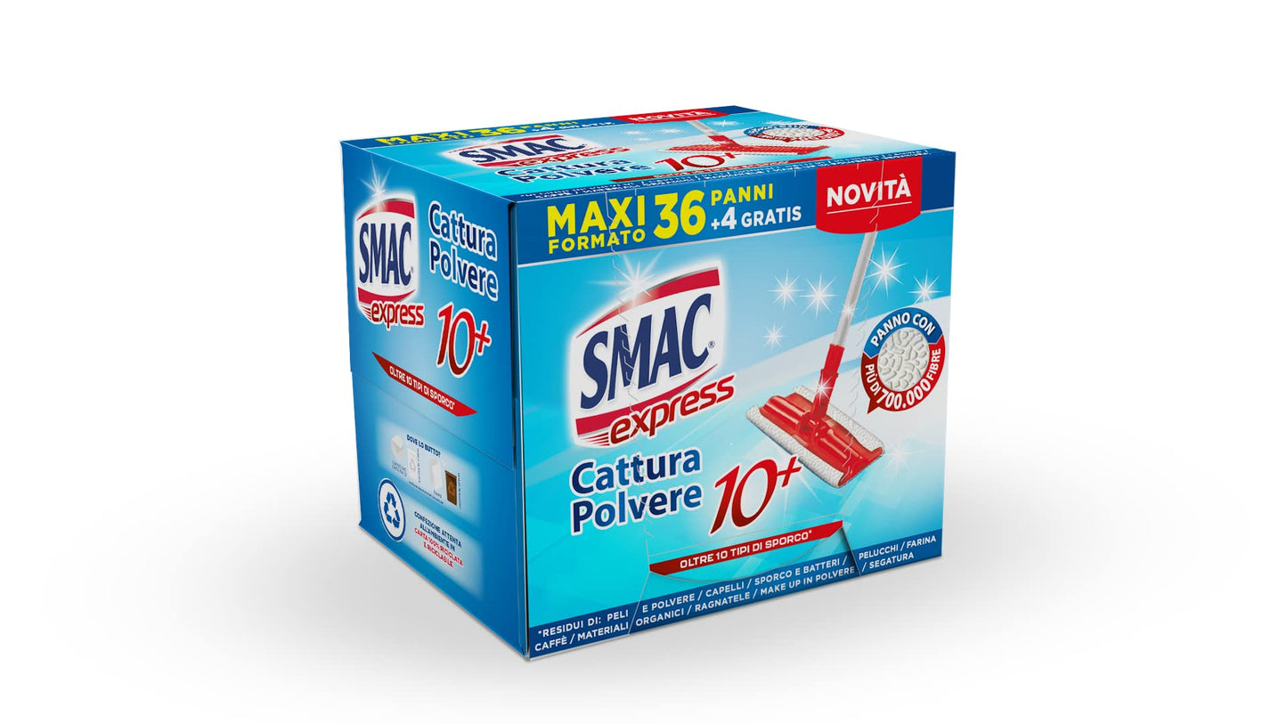 Smac Express - Panni Cattura Polvere 10+, Compatibili con Ogni Scopa, 120 Panni, Cattura Polvere, Sporco e Batteri, Adatti a Tutti i Pavimenti e Superfici, 40 Panni x 3 Confezioni