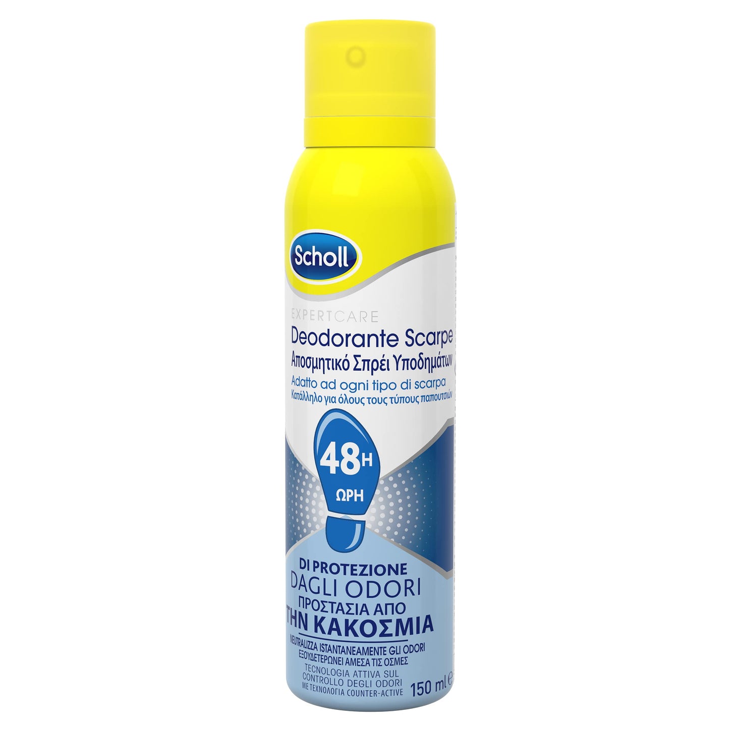 Scholl ExpertCare, Deodorante Spray per Scarpe con Tecnologia Attiva sul Controllo degli Odori, Elimina e Protegge dai Cattivi Odori per 48h, Adatto ad Ogni Tipo di Scarpa, Flacone Spray da 150 ml