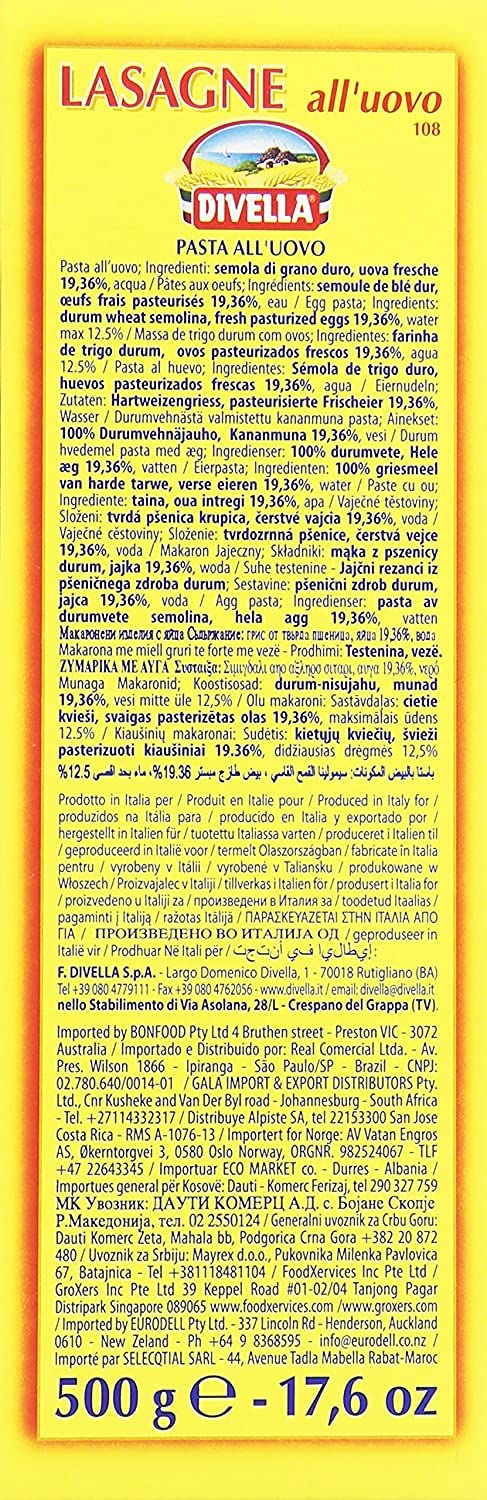 Divella Lasagne All Uovo 3 Pezzi Da 500 Grammi