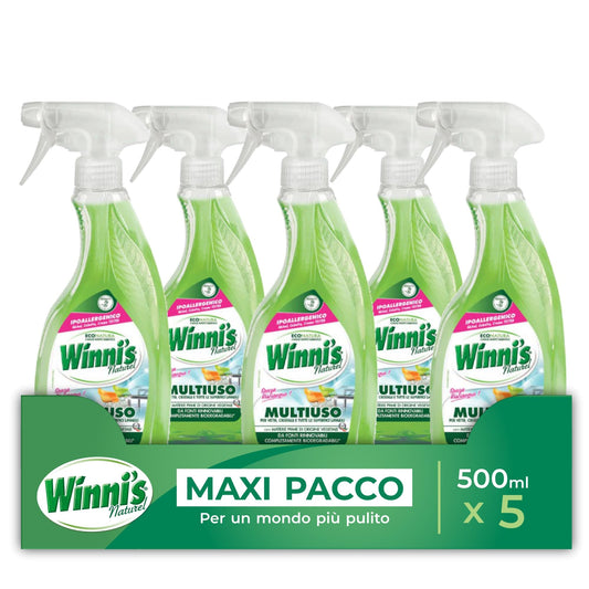Winni's - Detergente Spray Multiuso Ipoallergenico, Azione Pulente su Vetri, Specchi e Superfici Lavabili, Senza Risciacquo, con Materie Prime di Origine Vegetale, 500 ml x 5 Confezioni