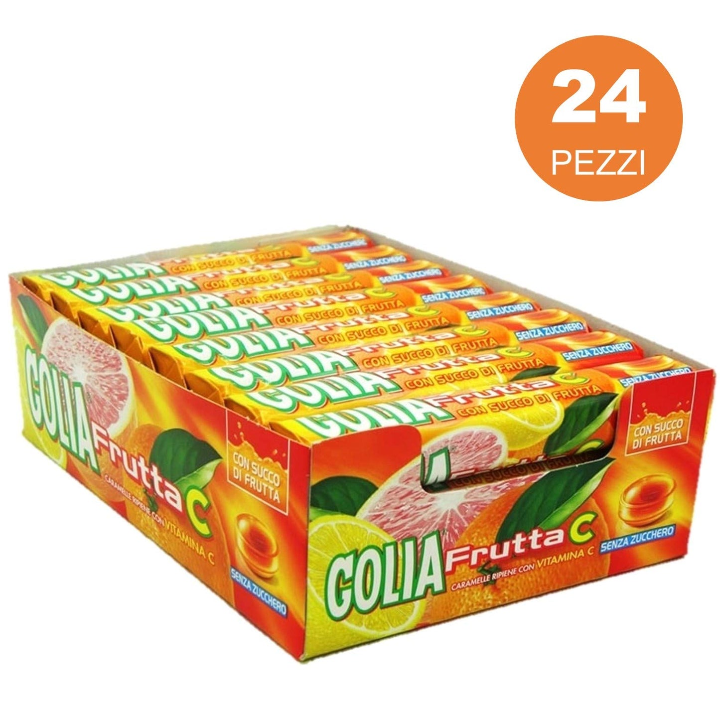 Golia Frutta C, Caramelle Dure Ripiene Gusto Agrumi, Senza Zucchero e Senza Glutine, con Vitamina C, Confezione da 24 Roll