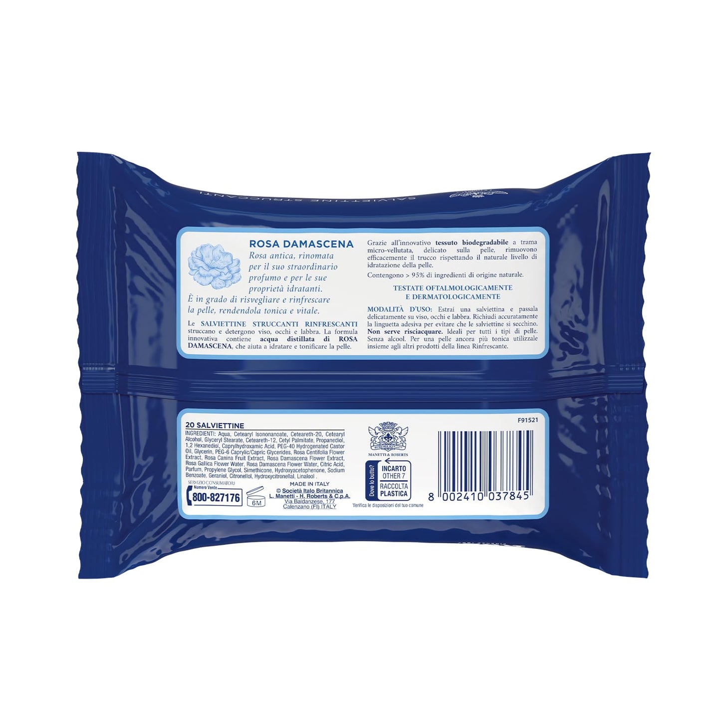 Acqua alle Rose, Salviettine Struccanti Rinfrescanti per Tutti i Tipi di Pelle, con Acqua Distillata di Rosa Damascena, Azione Struccante su Viso, Occhi e Labbra, 20 Salviettine