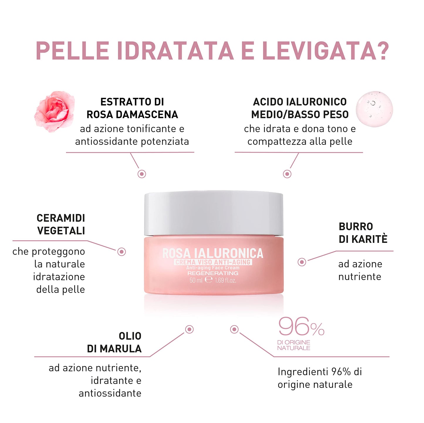 Equilibra Viso, Rosa Ialuronica Crema Viso Anti-aging a Base di Estratto di Rosa Damascena e Acido Ialuronico, Idratante e Levigante, Assorbimento Rapido, Non Unge, 50 ml