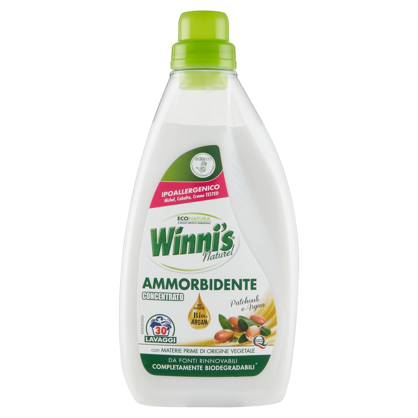Winni's - Ammorbidente Lavatrice Concentrato Ipoallergenico, 30 Lavaggi, Adatto alle Pelli più Sensibili, Estratto Biologico di Argan e Patchouli, con Materie Prime di Origine Vegetale, 750 ml