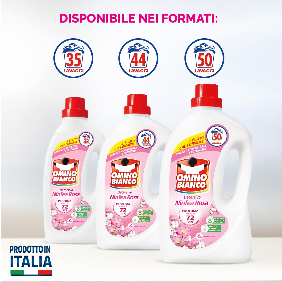 Omino Bianco - Detersivo Lavatrice Liquido, 50 Lavaggi, Rispetta Colori e Tessuti, Fresco Profumo di Ninfea Rosa, 2000 ml
