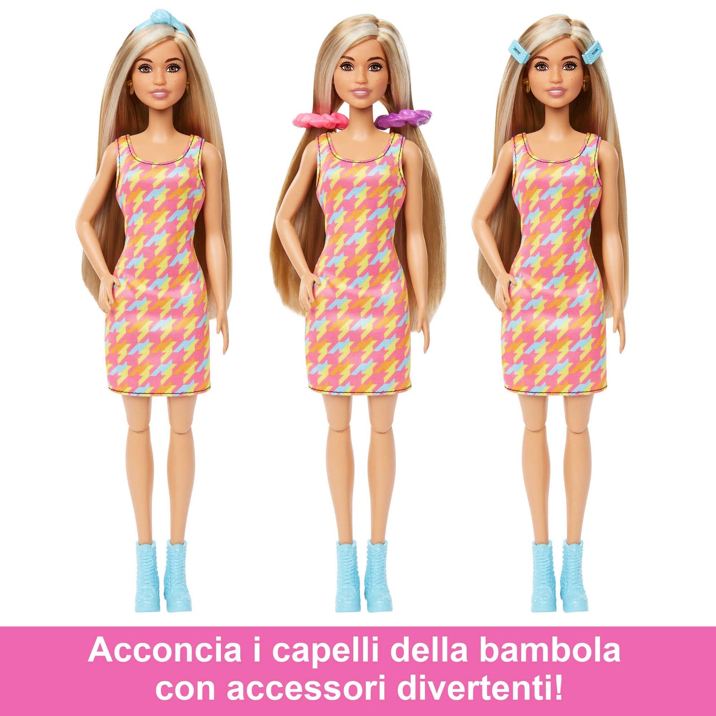 Barbie - Playset Salone di Bellezza Bambola Super Chioma, include 1 bambola con capelli lunghi cambia-colore, abito pied-de-poule e 15+ accessori per capelli, giocattolo per bambini, 3+ anni, HKV00