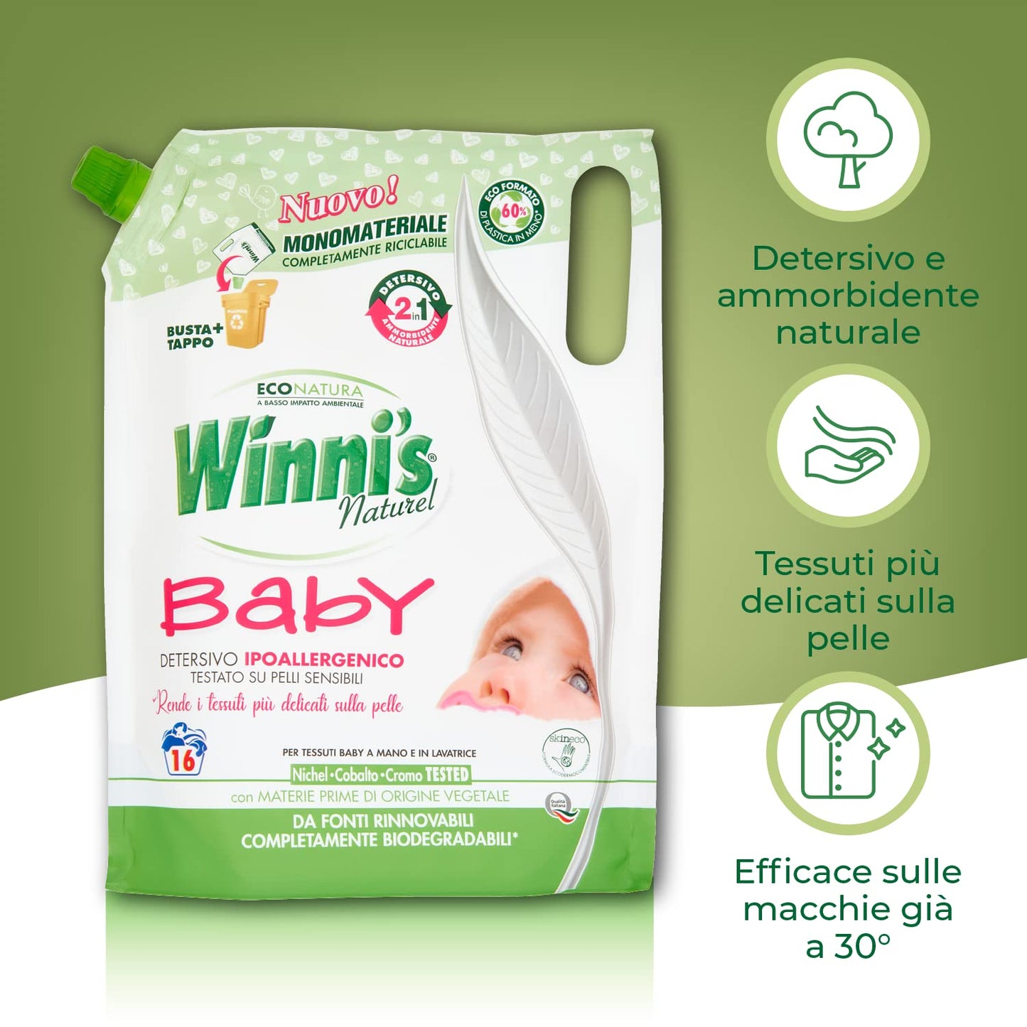 Winni's - Detersivo Lavatrice Baby Ipoallergenico in Ecoformato, 134 lavaggi, con Smacchianti Naturali da Biofermentazione e Materie Prime di Origine Vegetale, 800 ml x 8 Confezioni