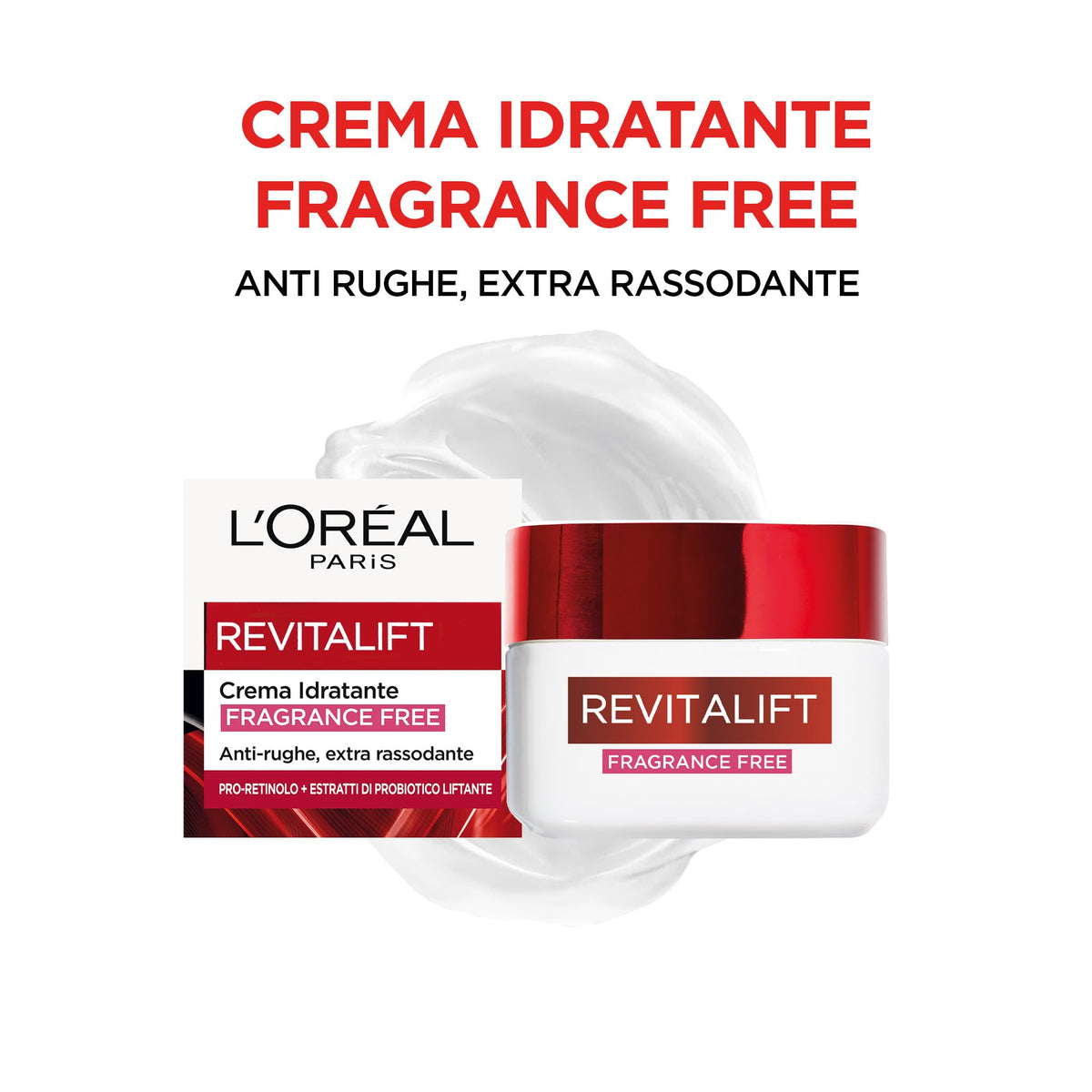 L'Oréal Paris Crema Viso Fragrance Free Revitalift, Per Pelli Sensibili, Azione Rassodante, Pelle Rimpolpata e Idratata, Arricchita Con Pro-Retinolo e Probiotico Liftante, 50 ml