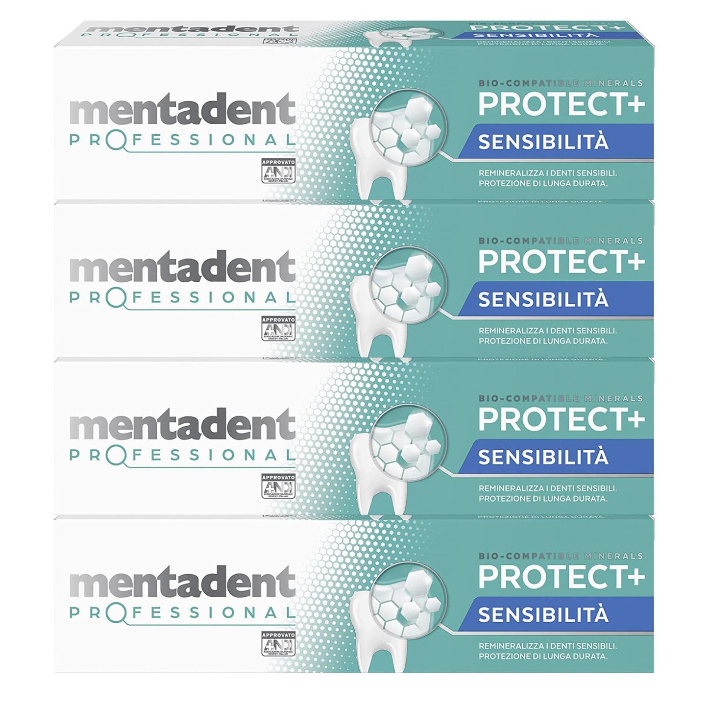 Mentadent Professional Protect+ Sensibilità Dentifricio per Denti Sensibili con Minerali Biocompatibili e Potassio - 4 Flaconi da 75ml