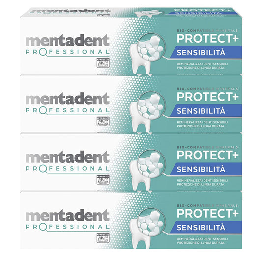 Mentadent Professional Protect+ Sensibilità Dentifricio per Denti Sensibili con Minerali Biocompatibili e Potassio - 4 Flaconi da 75ml