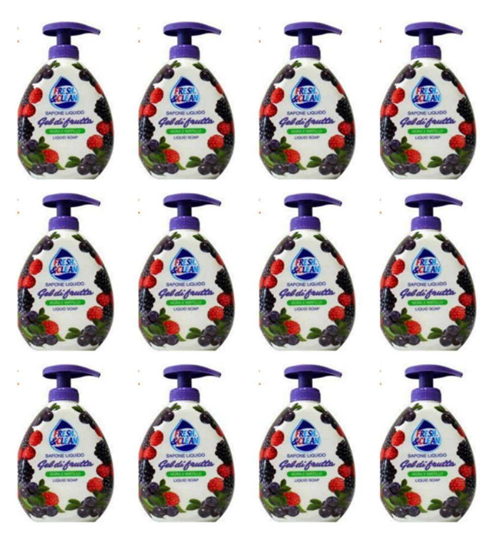 12 x FRESH&CLEAN Sapone Liquido Gel Mora & Mirtillo 300 ML
