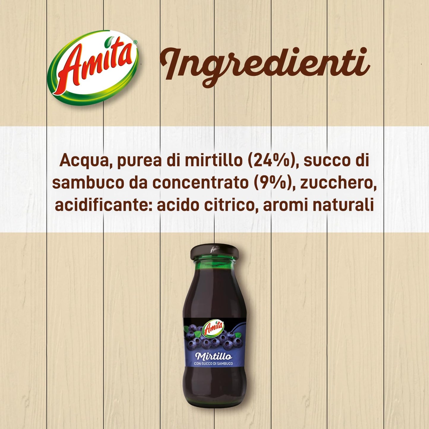 Amita Mirtillo, Bevanda Rinfrescante a Base di Mirtillo (24%) e Succo di Sambuco (9%), Gusto Autentico e Fresco, con almeno il 40% di Frutta - Confezione da 24 Bottiglie di Vetro