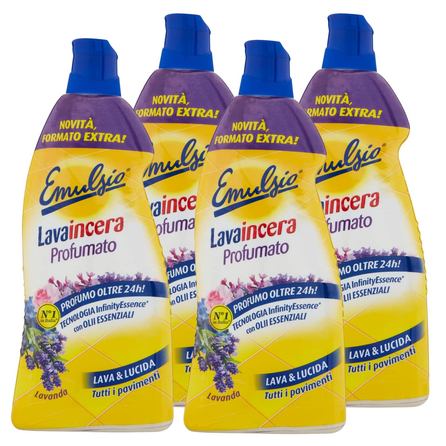 4x Emulsio Lavaincera Profumato Lava e Lucida per Pavimenti con Oli Essenziali alla Lavanda - 4 Flaconi da 950ml ognuno