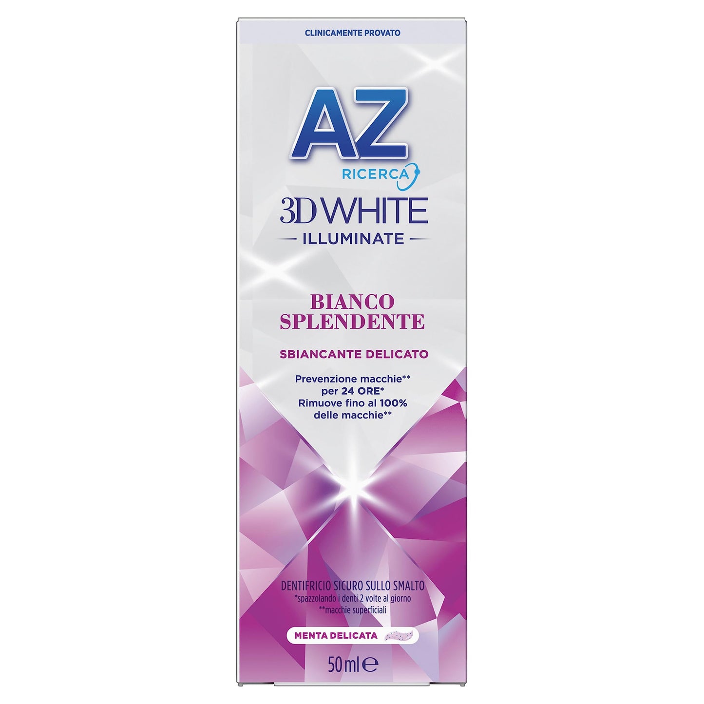 AZ Ricerca DENTIFRICIO 3D White Illuminate Bianco Splendente, SBIANCANTE DELICATO, RIMUOVE Fino al 100% delle MACCHIE Superficiali, Confezione SINGOLA da 50ml, Gusto MENTA DELICATA