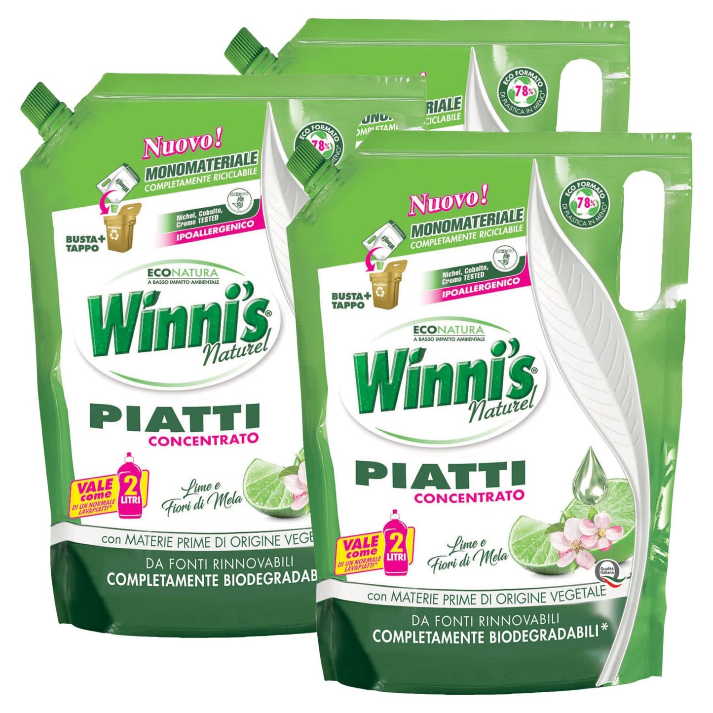 Winni's Naturel Detersivo Concentrato Lavaggio a Mano Piatti e Stoviglie Fragranza Lime Fiori di Mela Ipoallergenico Materie Prime Origine Vegetale Completamente Biodegradabili - 3 Buste da 1L