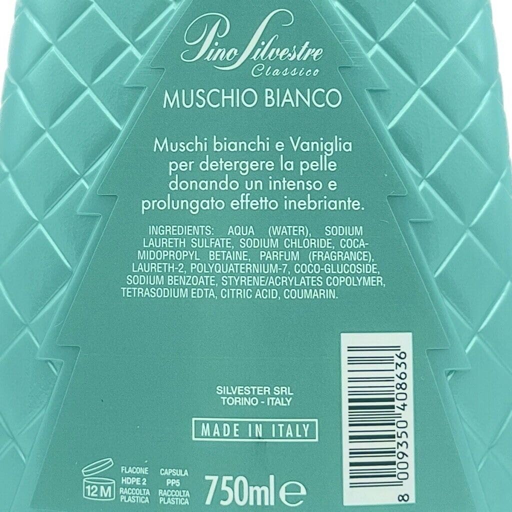 Confezione da 6 Pino Silvestre Bath Foam Bagnoschiuma Classico Muschio Bianco, gel doccia con muschio bianco, 750 ml + 1 confezione di polvere di talco FELCE AZZURRA da 100 g