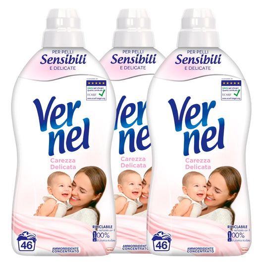 Vernel Carezza Delicata Ammorbidente Concentrato per Lavatrice Ipoallergenico Senza Coloranti per Pelli Sensibili Bucato Morbido Profumato 46 Lavaggi - 3 Flaconi da 1,15 Litri