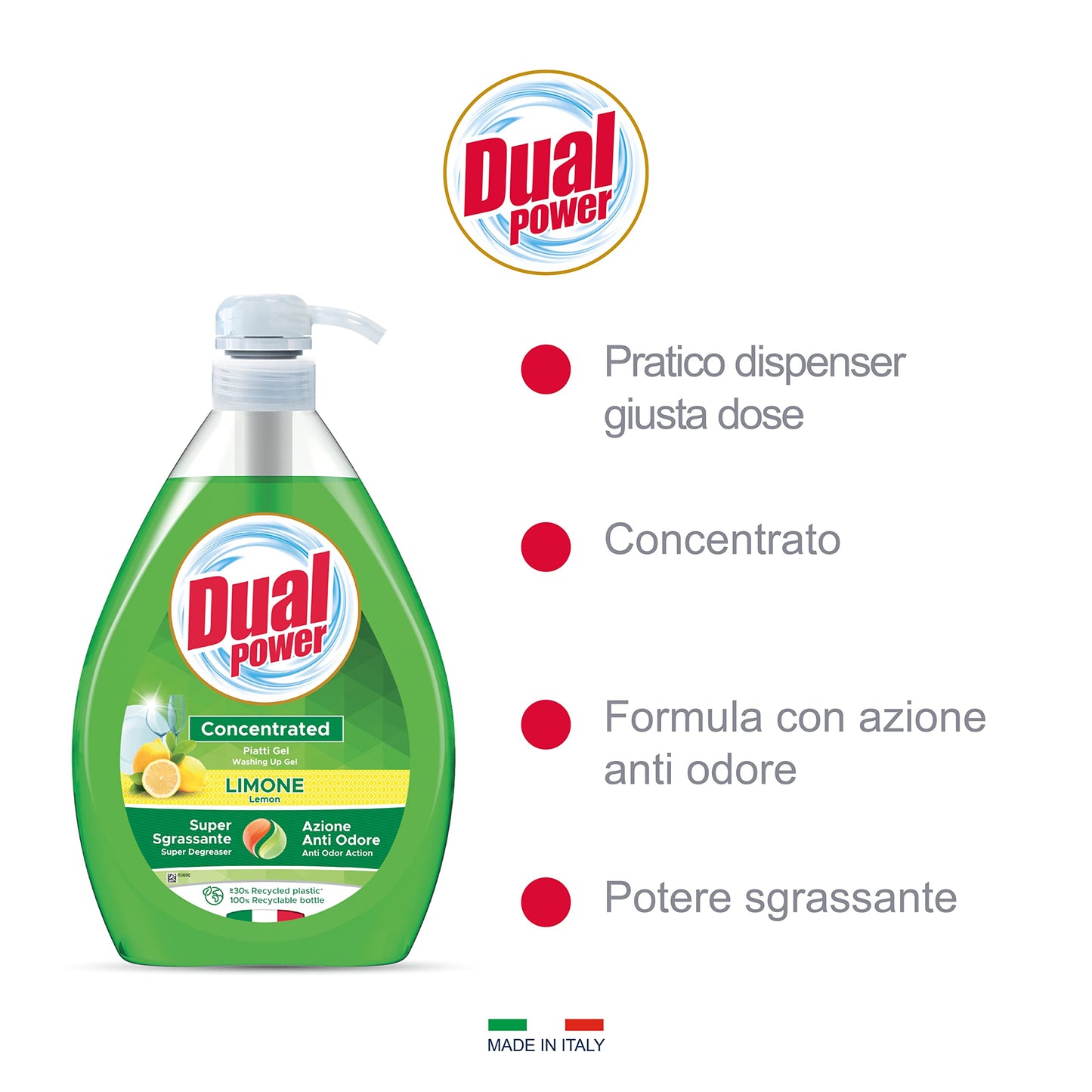 Dual Power Piatti Gel Limone, Detergente Piatti Concentrato ad Elevato Potere Sgrassante, Ideale per Stoviglie Incrostate, Azione Anti Odore, Made in Italy, 6 Dispenser da 1 L