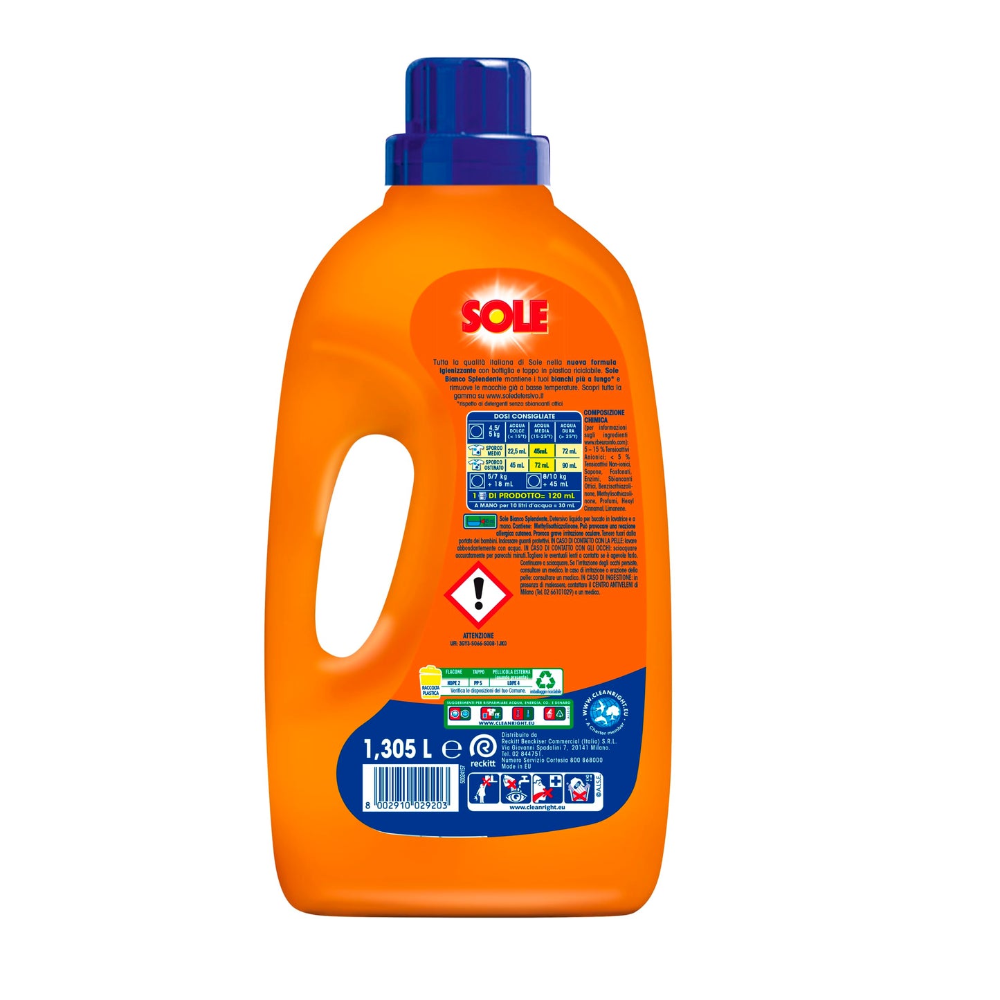 Sole Detersivo Lavatrice Bianco splendente 145 Lavaggi, (5x29), Formula igienizzante, Detersivo Lavatrice Liquido Bianco Splendente, rimuove le macchie a basse temperature