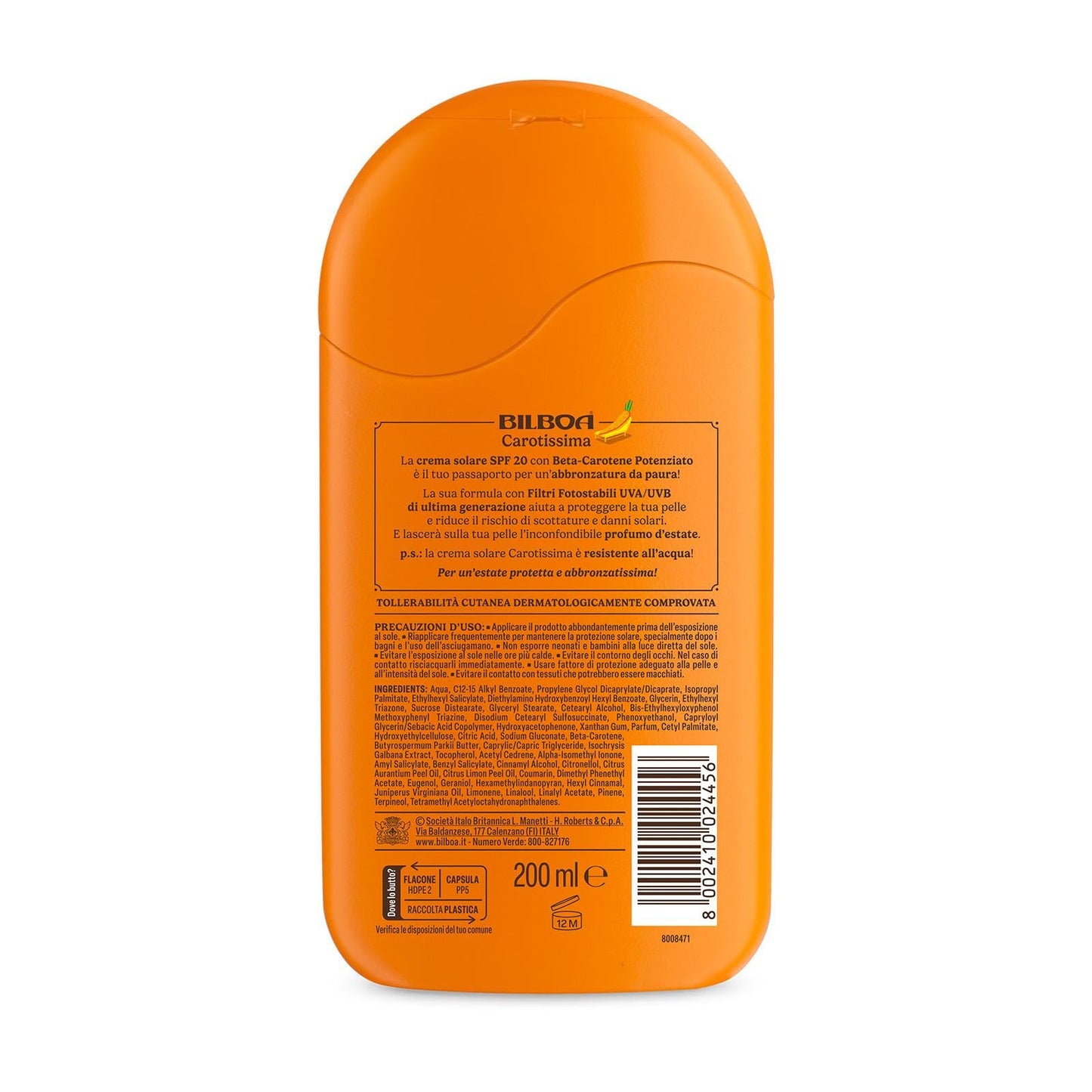 Bilboa Carotissima, Latte Solare SPF 20, Abbronzante Corpo, Formula con Betacarotene , Mette l'Abbronzatura Nero su Bianco, Resistente all'Acqua, Dermatologicamente Testato, 200 ml